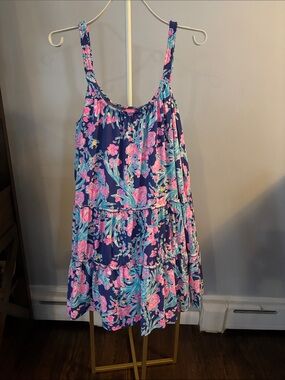 Lilly Pulitzer Navy Floral Tiered Sundress with Pink & Teal Print NWOT Size XL